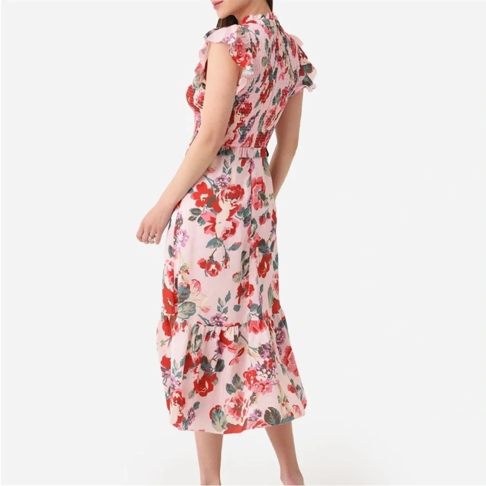 Sea New York Lanie Floral Smocked Midi Dress 100% Silk Pink floral Size Medium M - Picture 7 of 7